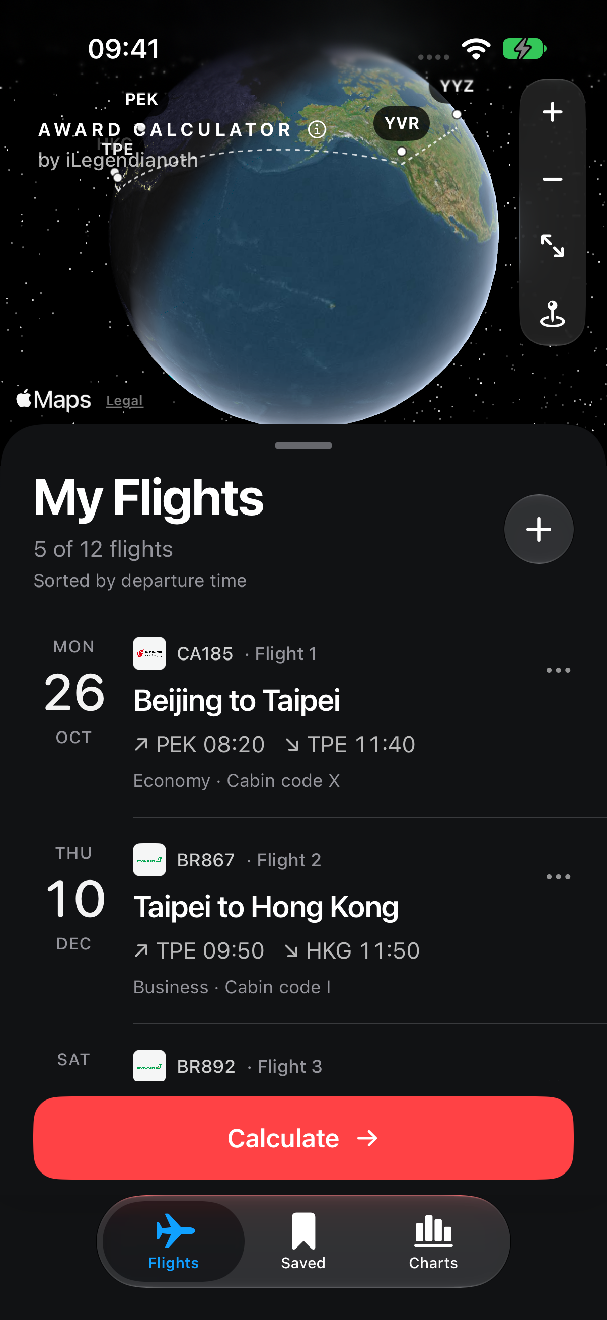 Award Calculator 1.0.0 build 8 native iPhone app in English, showing an interactive route globe and a five-flight itinerary
